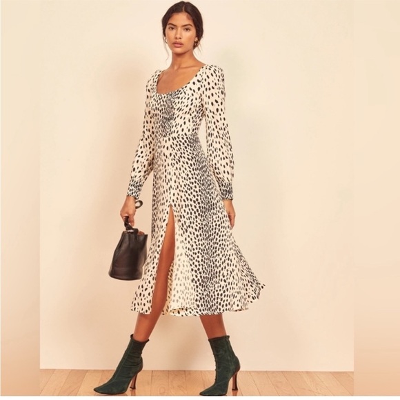 Reformation Dresses & Skirts - NWOT Reformation Alessi Midi Dress in
Cheetah Print Black White Long Sleeve 0